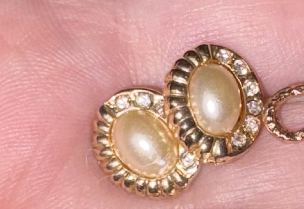 Gold Tone Oval Faux Pearl Stud Earrings Clear Rhinestone Halo Statement